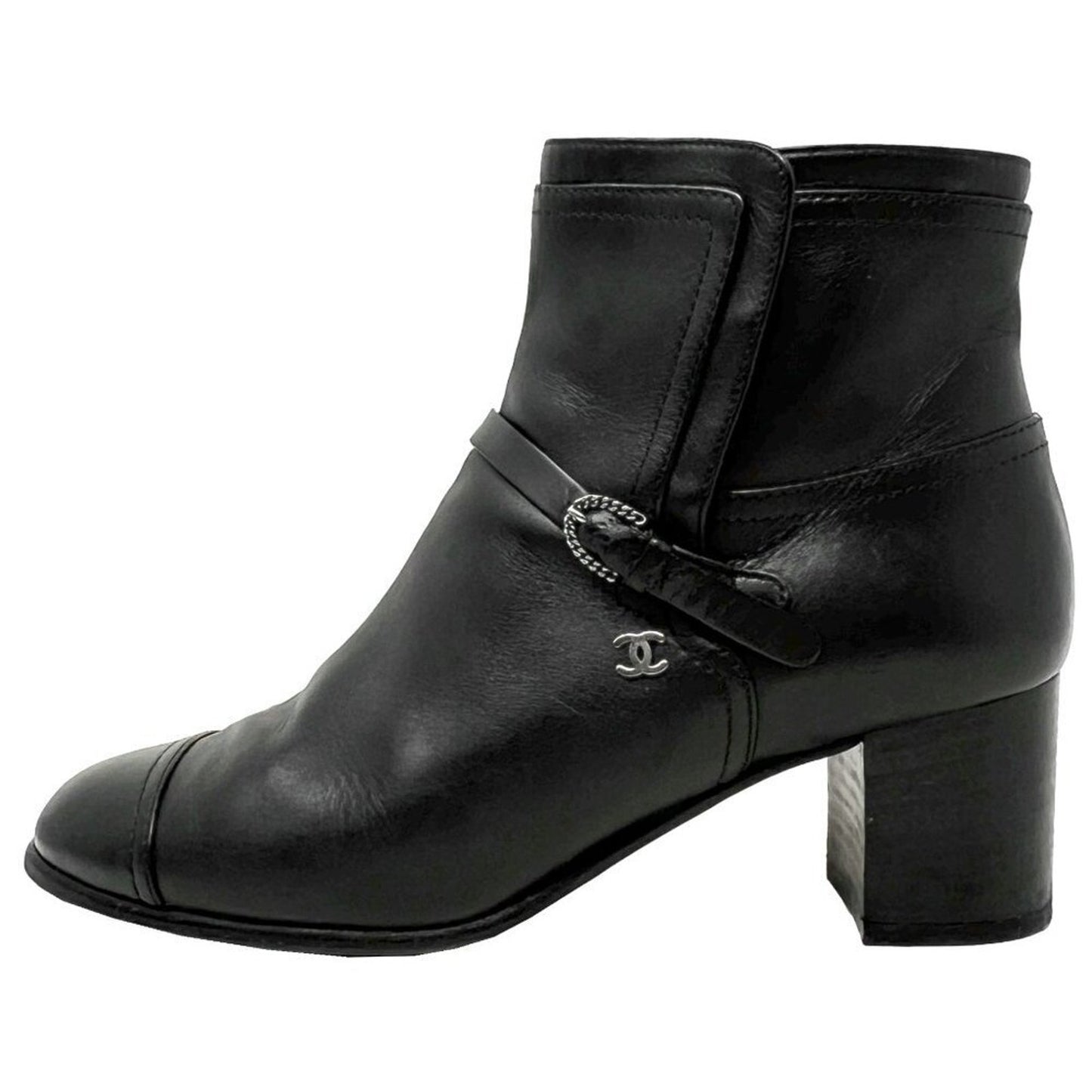 Chanel Black Leather Cap Toe Silver Buckle Strap Logo Ankle Block Heel Boots