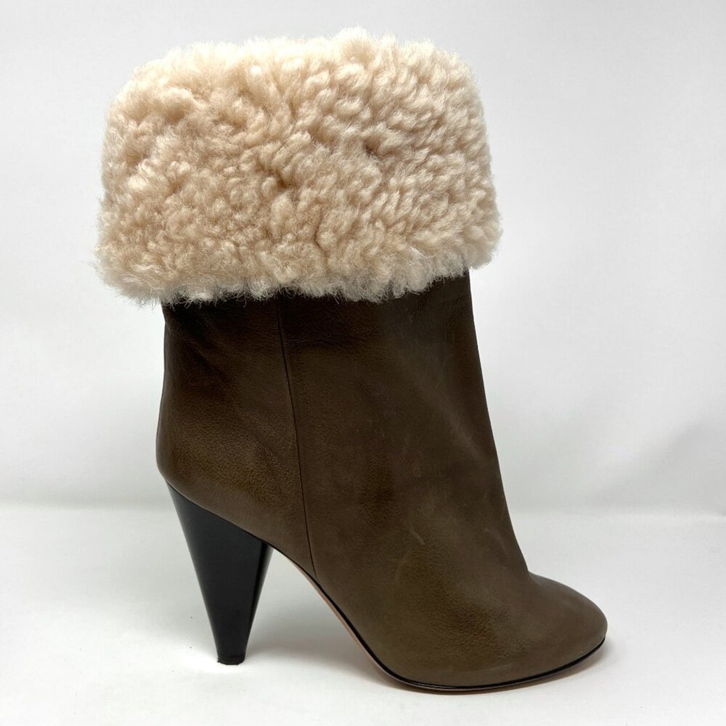 Isabel Marant Green Brown Leather Shearling Lined Lafkee Cone Heel Tall Boots