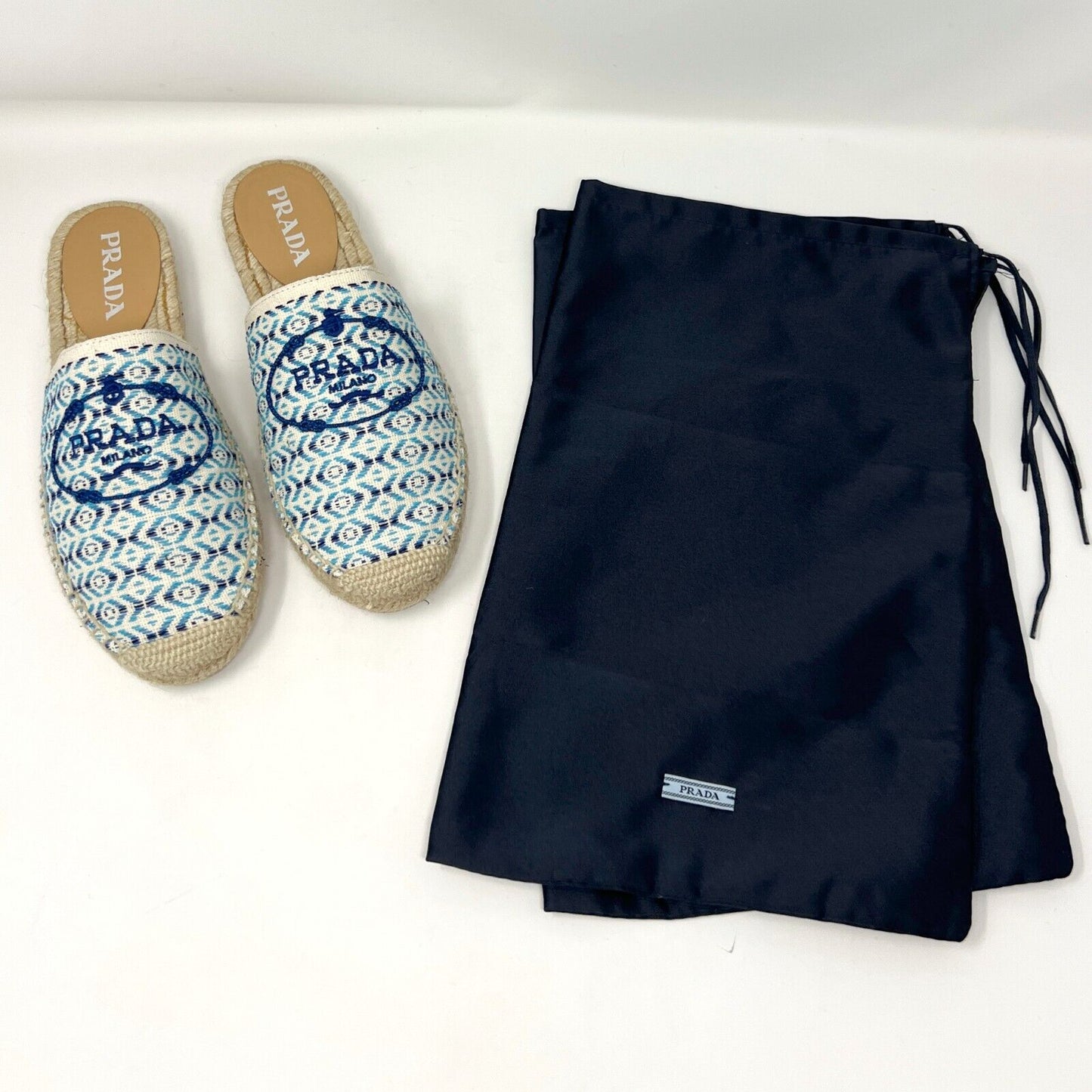 Prada Nastro Jacquard Blue White Embroidered Logo Espadrilles Flats Slippers