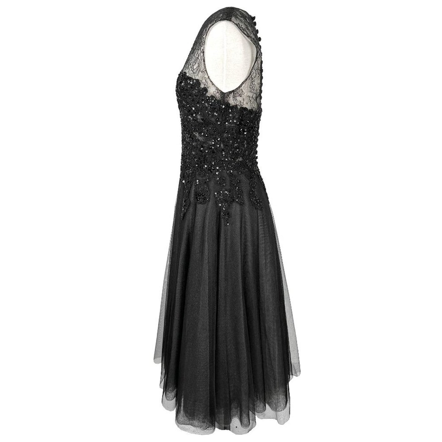 Reem Acra 2015 Pre-Fall Black Lace Sequin Bodice Tulle Midi Dress