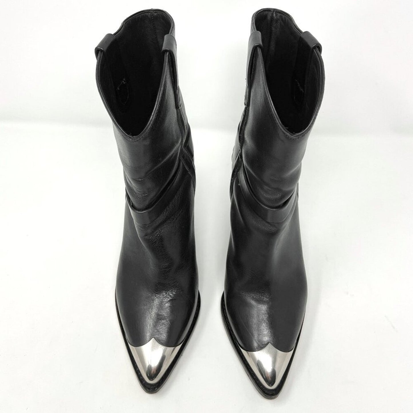 Isabel Marant Black Leather Metal Pointed Western Cowboy Mid Calf Heeled Boots