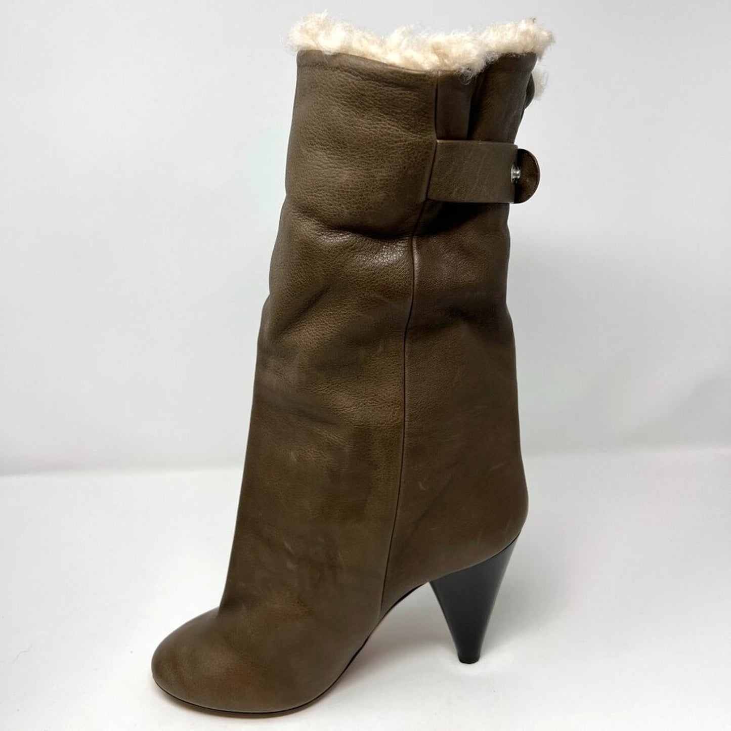 Isabel Marant Green Brown Leather Shearling Lined Lafkee Cone Heel Tall Boots