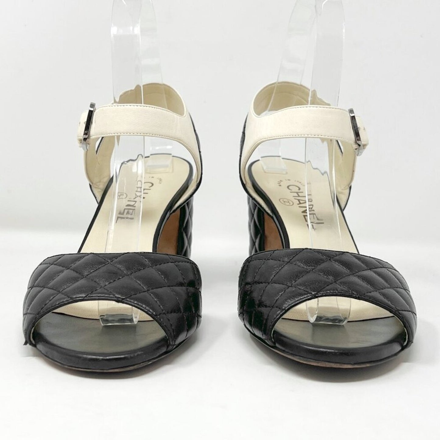 Chanel Black White Quilted Matelasse Leather Peep Toe Block Logo Heel Sandals