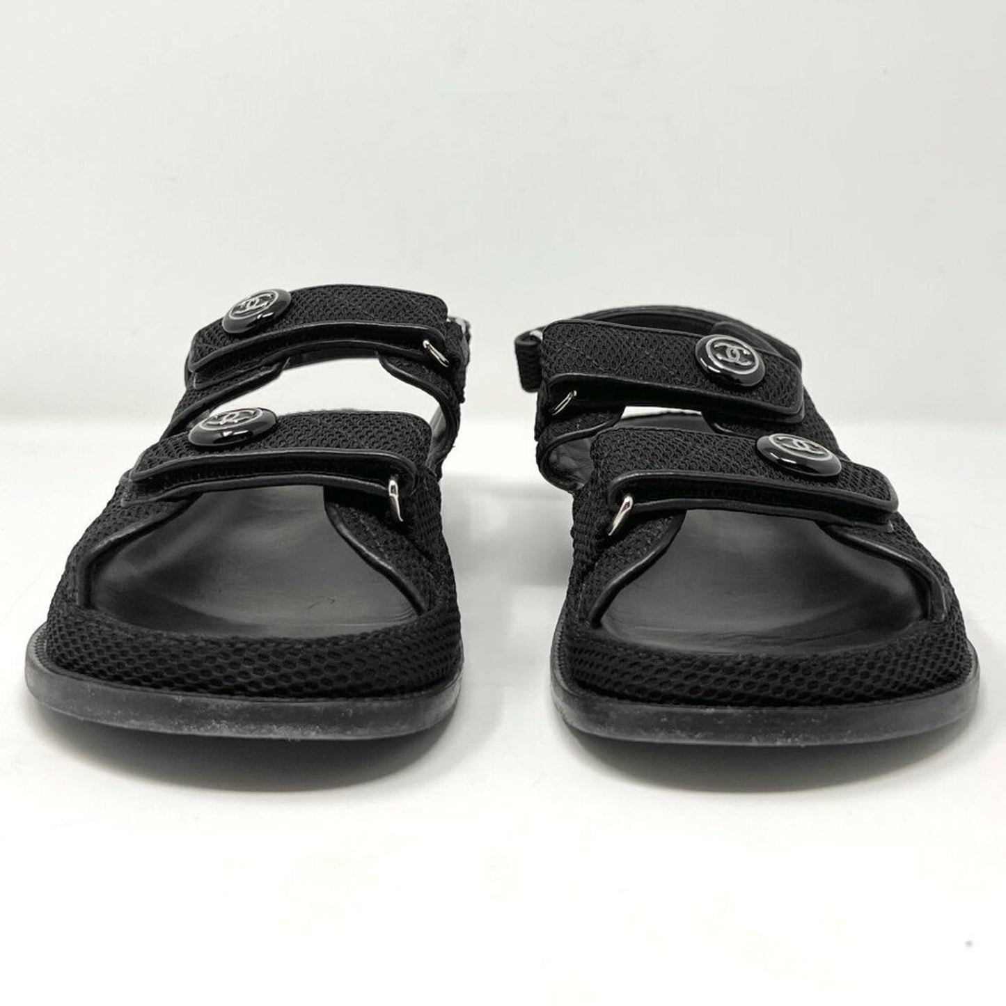 Chanel Black Quilted Textured Fabric Logo Flat Double Strap Dad Sandals