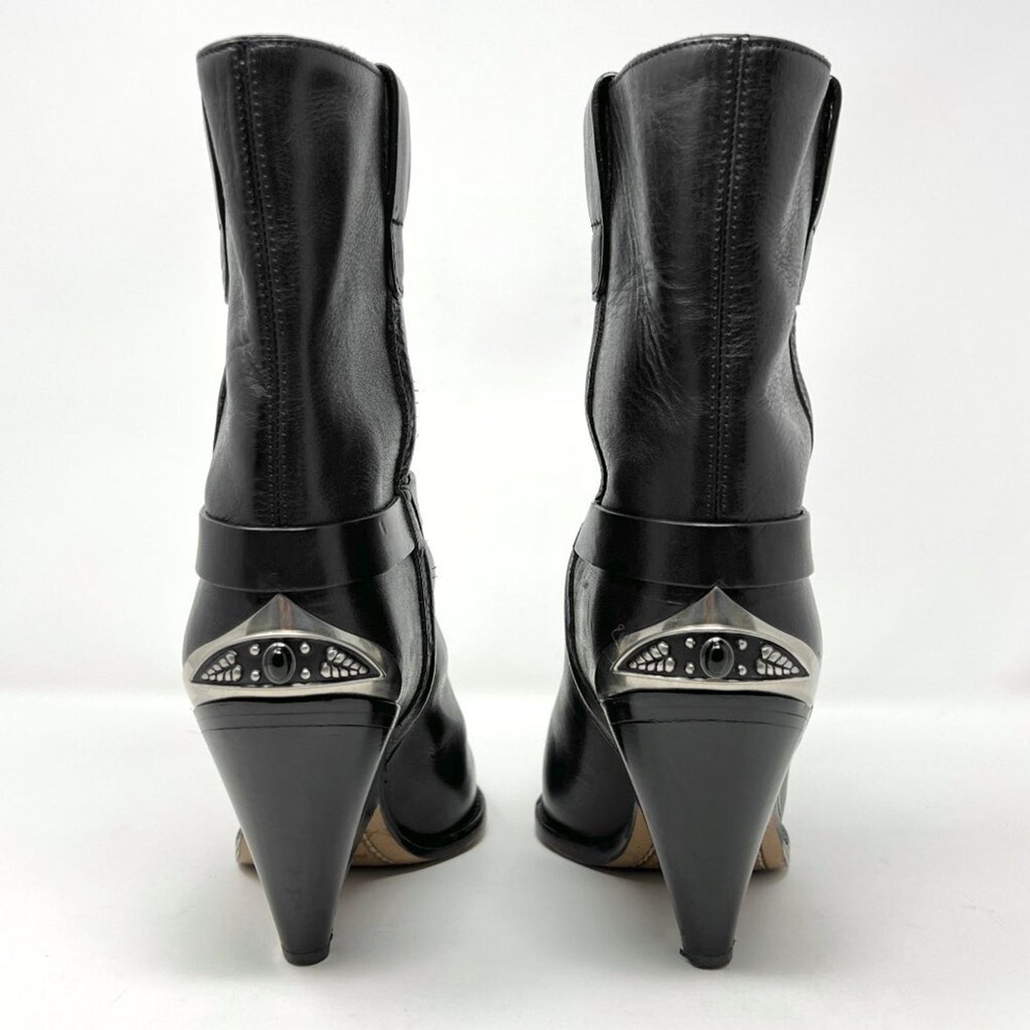 Isabel Marant Black Leather Metal Pointed Western Cowboy Mid Calf Heeled Boots