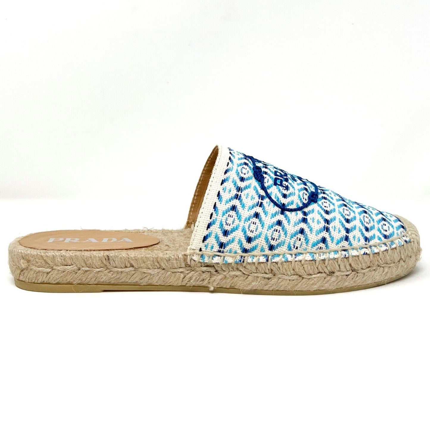 Prada Nastro Jacquard Blue White Embroidered Logo Espadrilles Flats Slippers