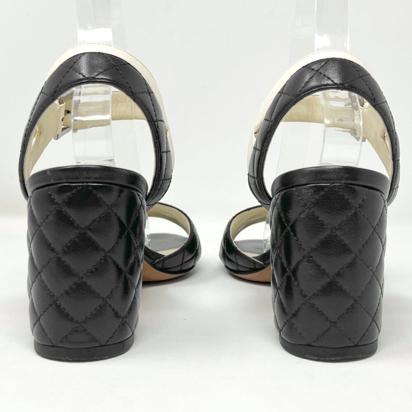 Chanel Black White Quilted Matelasse Leather Peep Toe Block Logo Heel Sandals