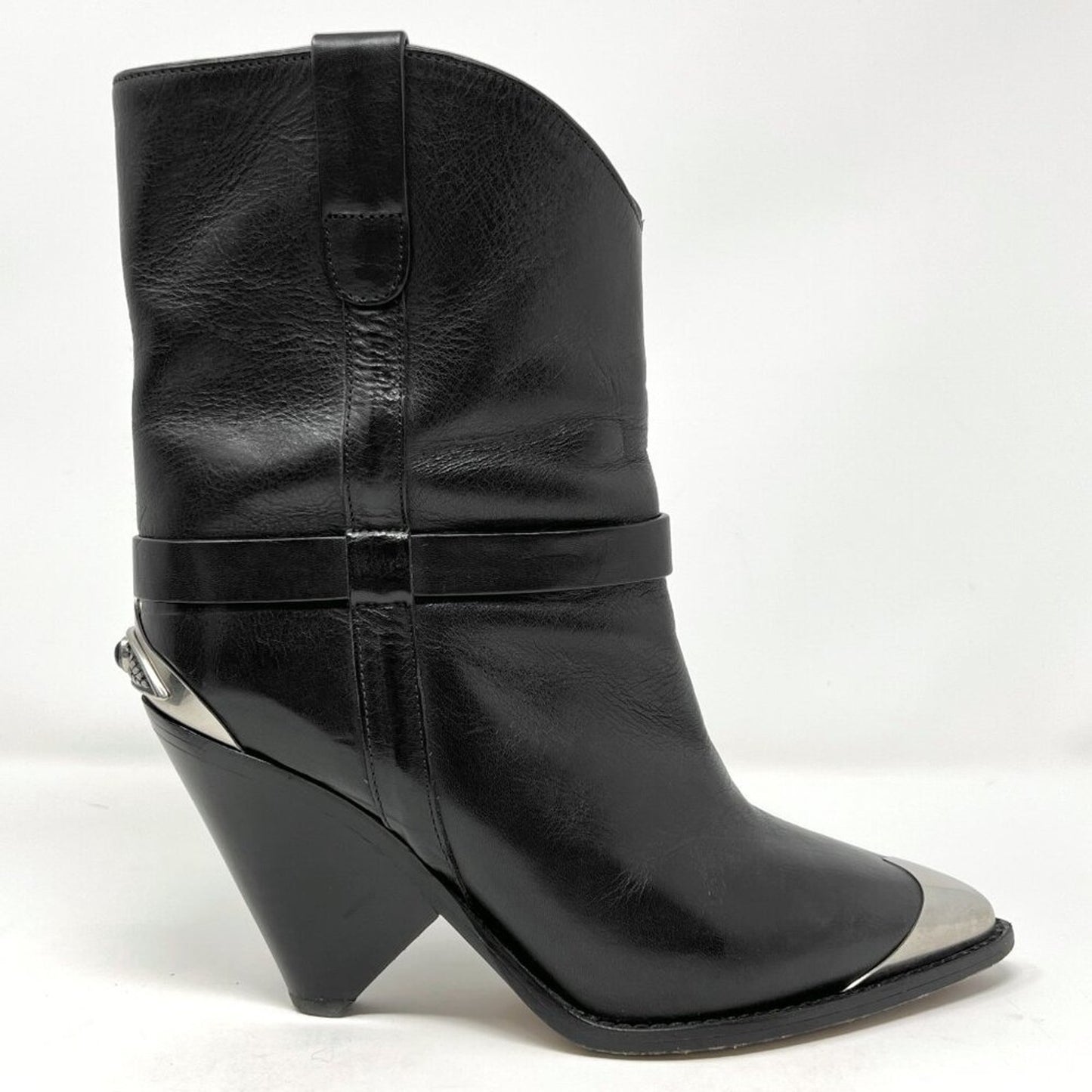 Isabel Marant Black Leather Metal Pointed Western Cowboy Mid Calf Heeled Boots