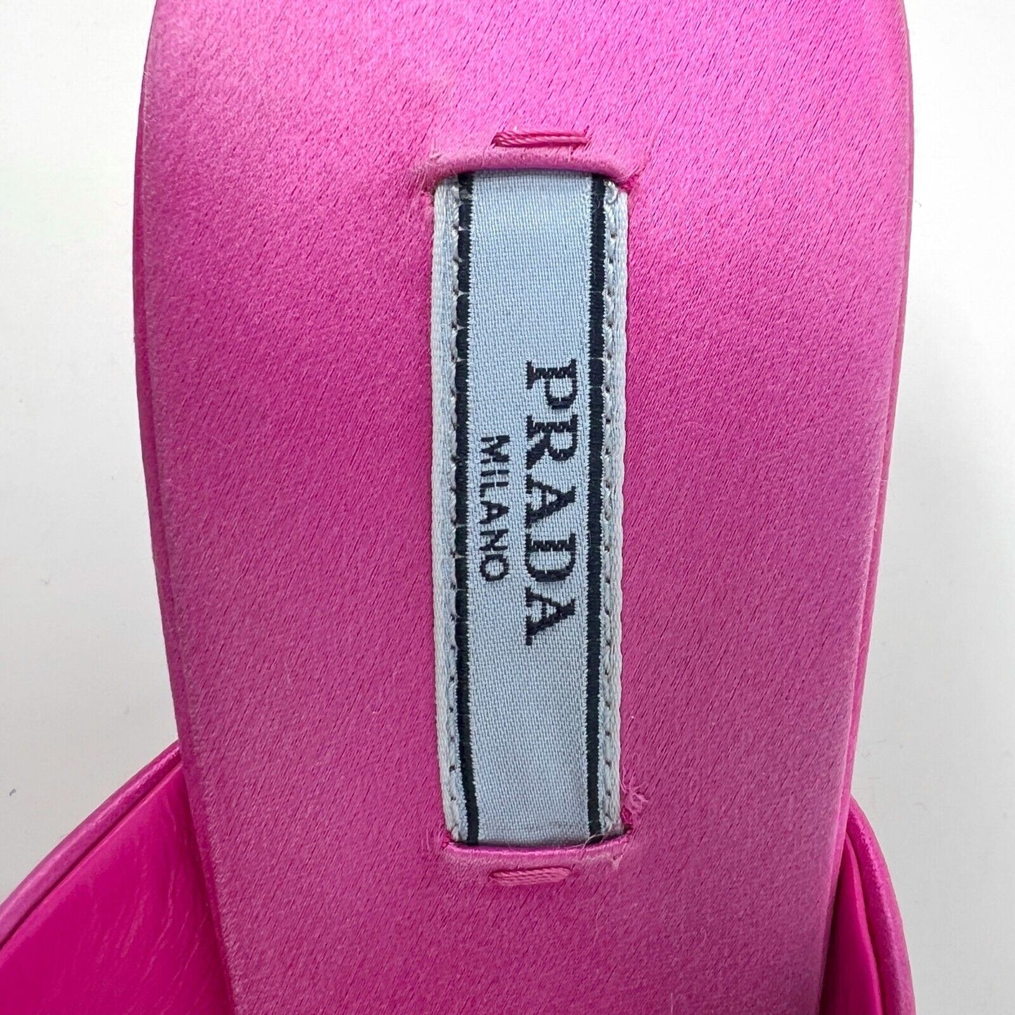 Prada Hot Pink Satin Begonia Crystal Studded Logo Block Heel Sandals Mules