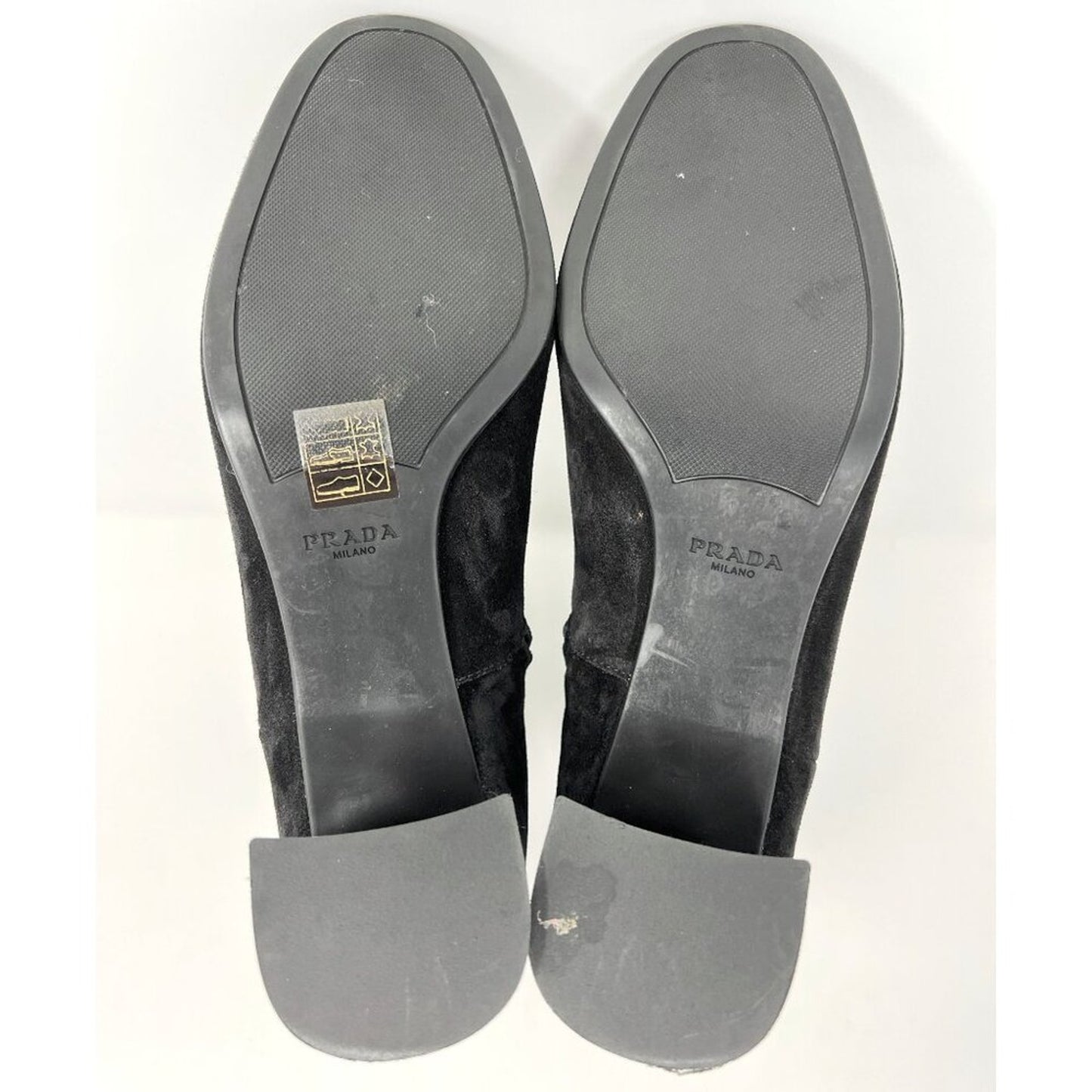 Prada Black Suede Block Heel Metal Logo Round Toe Zip Up Ankle Boots