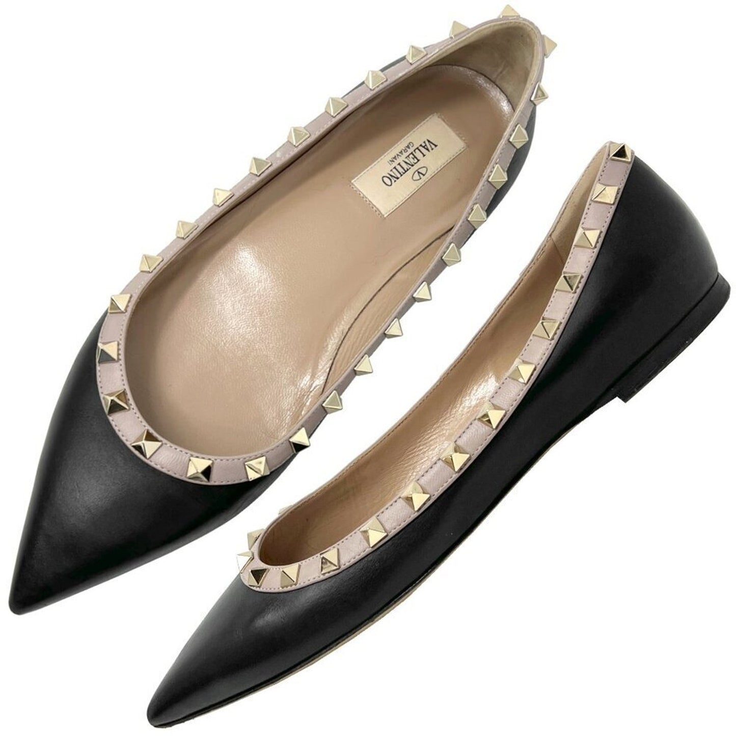 Valentino Rockstud Two-Tone Black Tan Leather Pointed Toe Flats