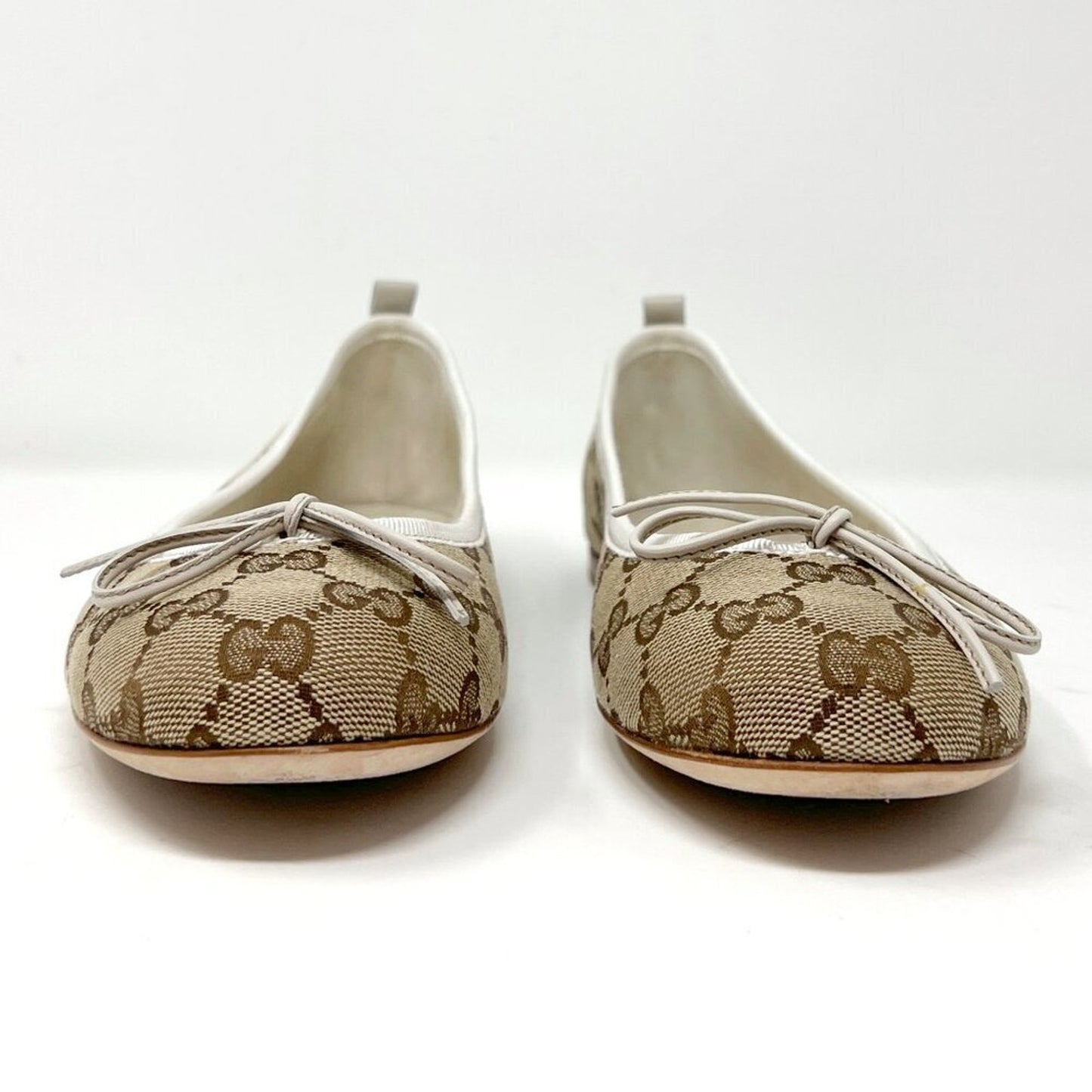 Gucci Brown Logo Monogram Miro Soft Supreme Canvas White Leather Ballet Flats