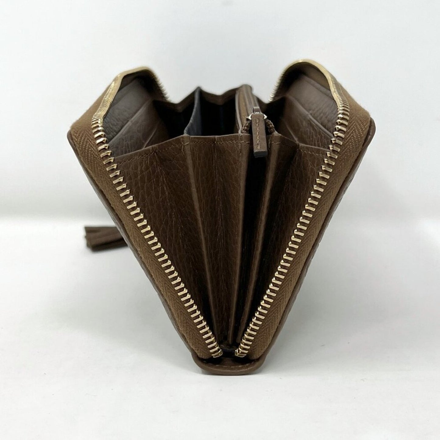 Gucci Bamboo Tassel Zip Continental Wallet Brown Textured Leather Italy