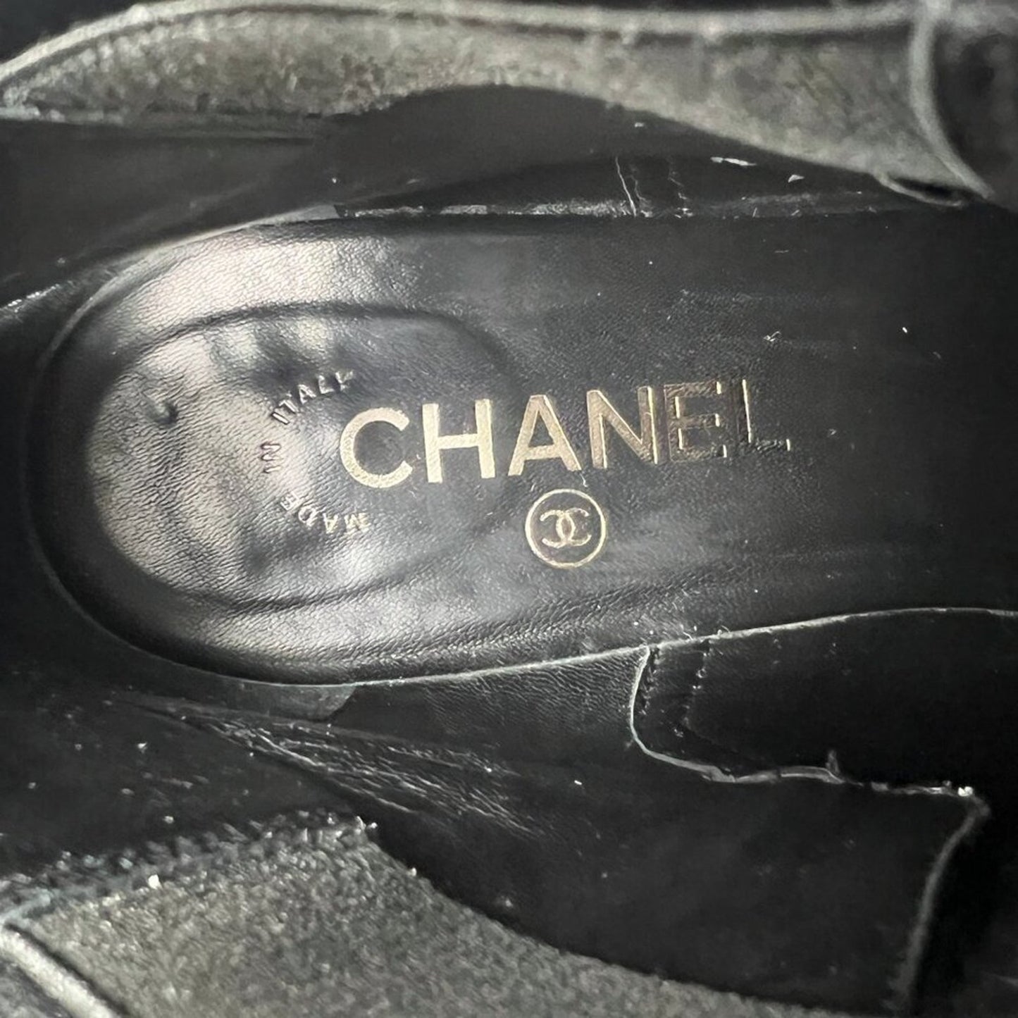 Chanel Black Leather Cap Toe Silver Buckle Strap Logo Ankle Block Heel Boots
