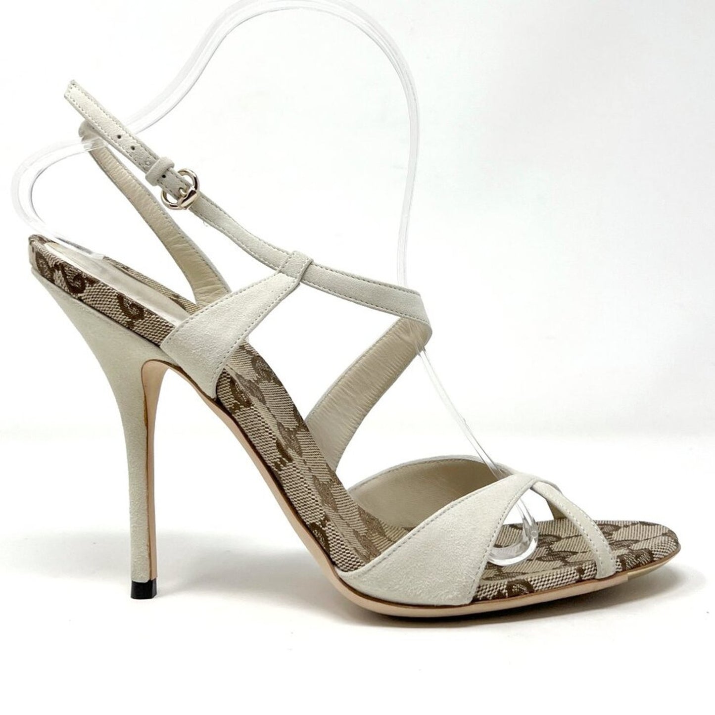 Gucci Mystic White Suede GG Monogram Strappy Stiletto Sandals 8.5B