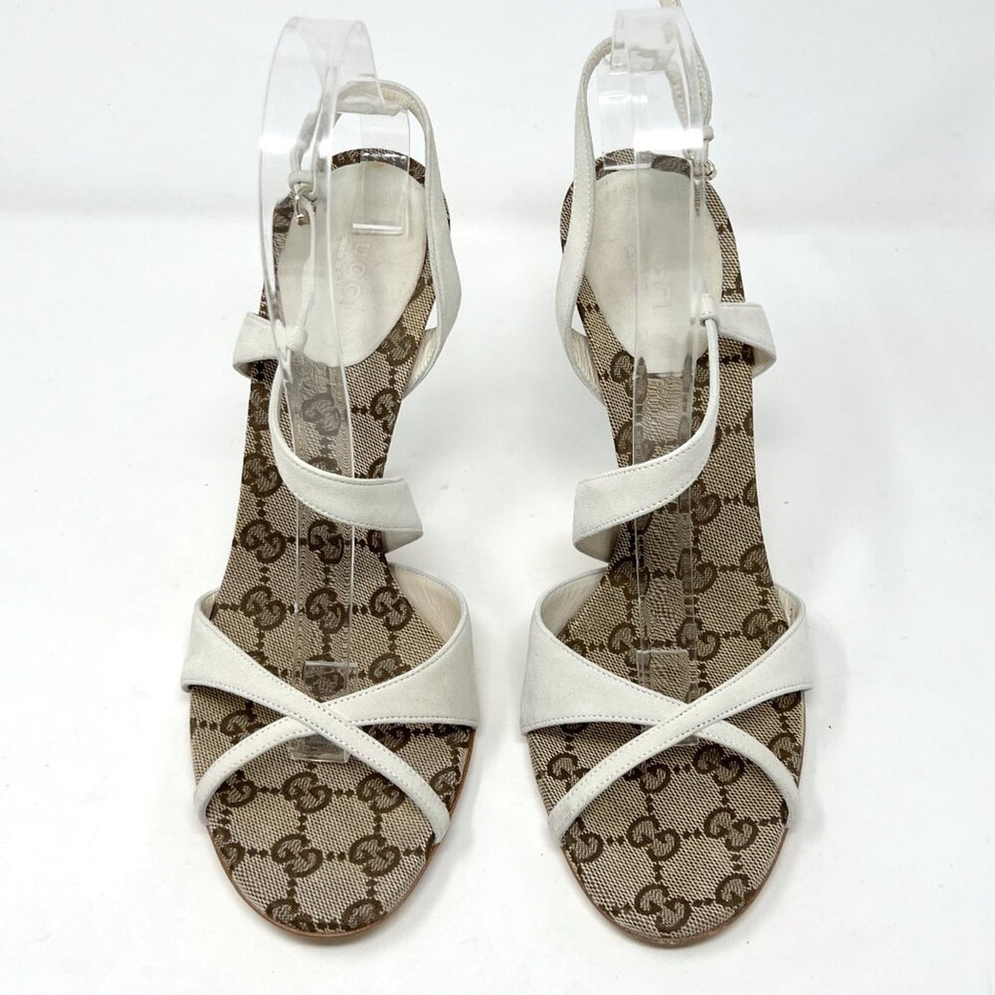 Gucci Mystic White Suede GG Monogram Strappy Stiletto Sandals 8.5B