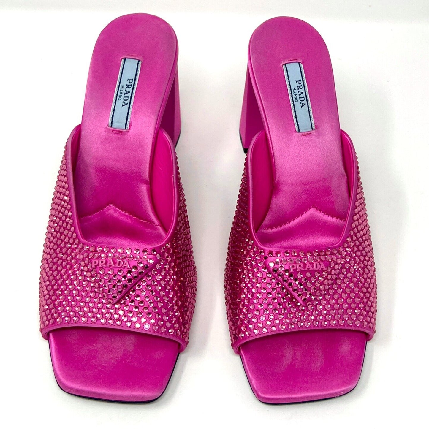 Prada Hot Pink Satin Begonia Crystal Studded Logo Block Heel Sandals Mules