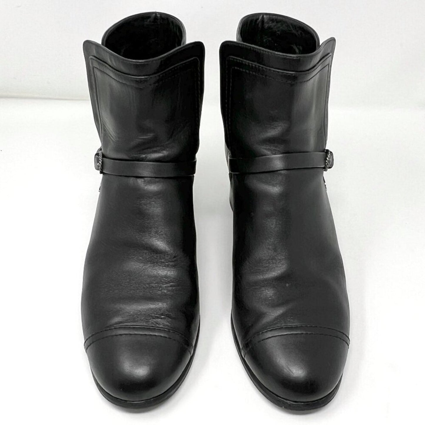 Chanel Black Leather Cap Toe Silver Buckle Strap Logo Ankle Block Heel Boots