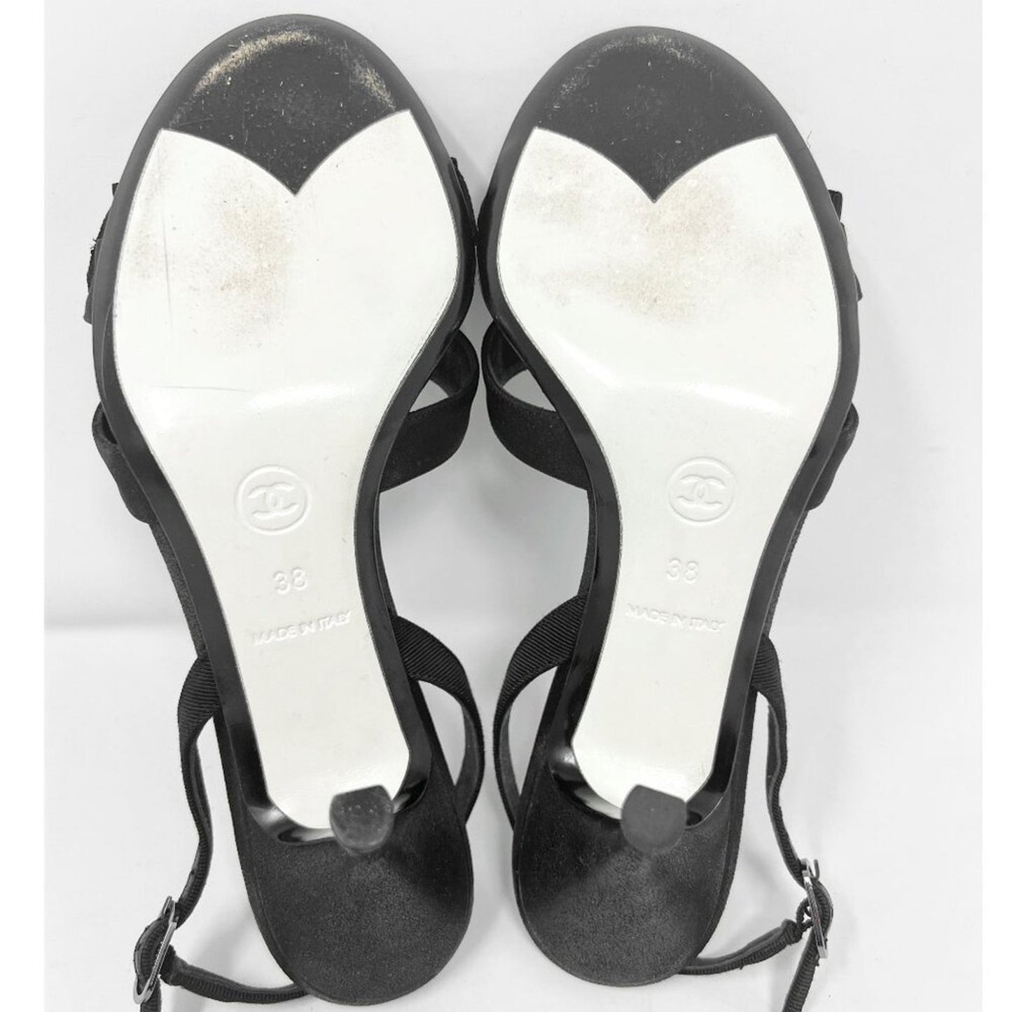 Chanel Camellia Bow Grosgrain Slingback Heels Black/White EU 38 85mm