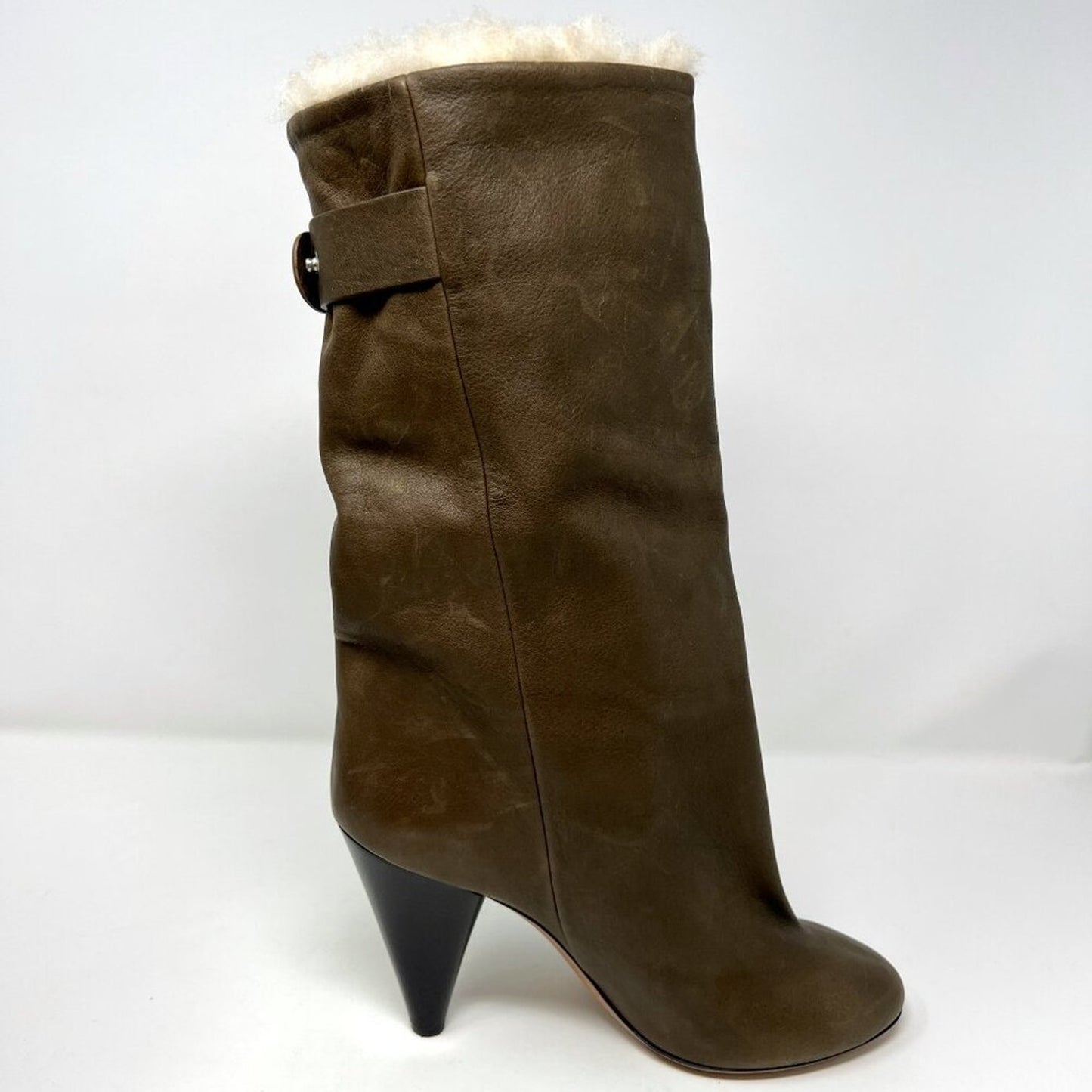 Isabel Marant Green Brown Leather Shearling Lined Lafkee Cone Heel Tall Boots