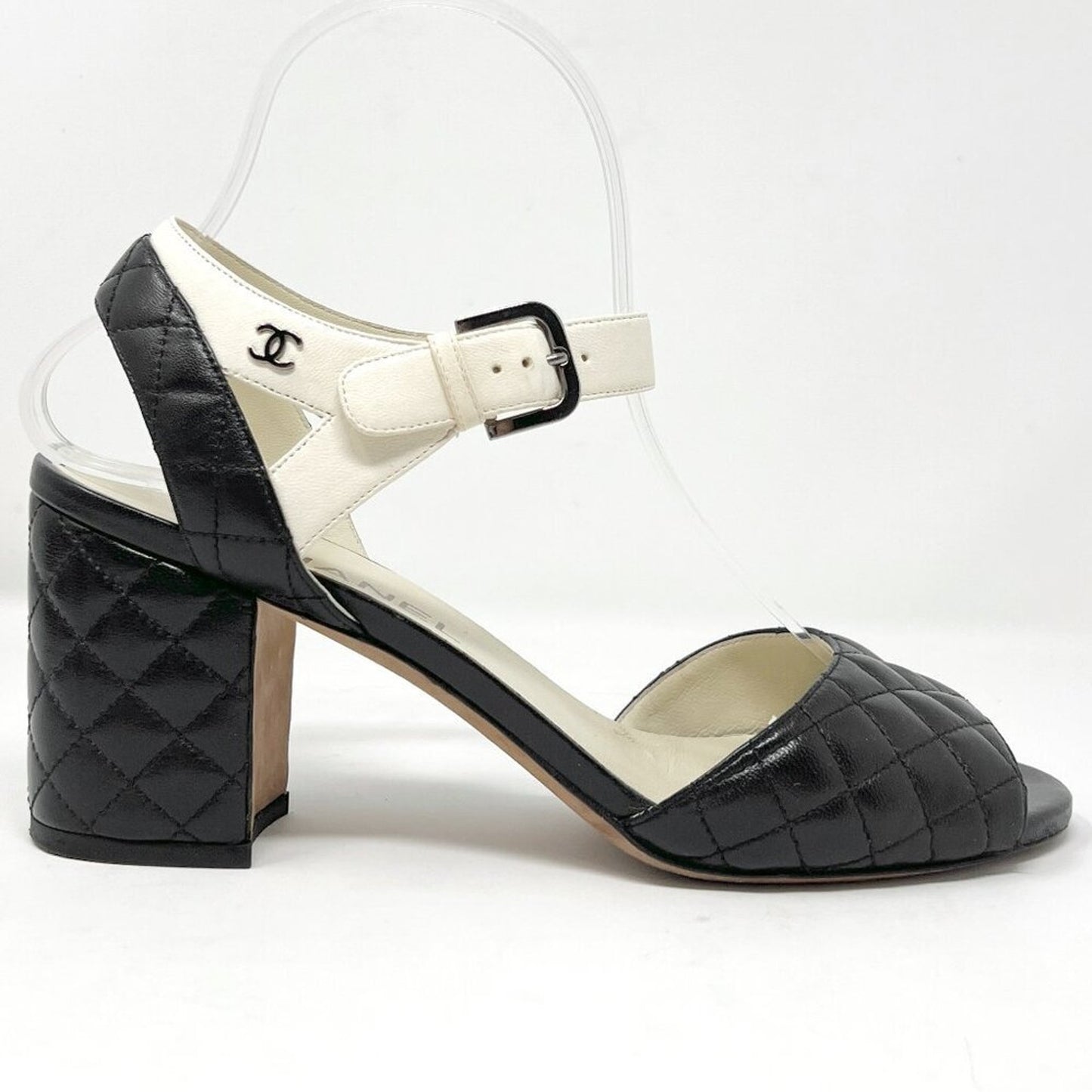 Chanel Black White Quilted Matelasse Leather Peep Toe Block Logo Heel Sandals