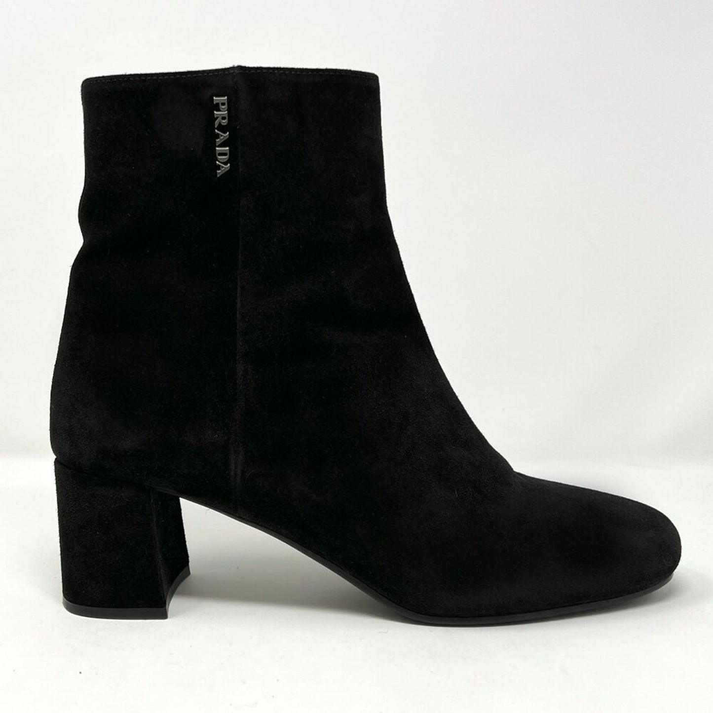 Prada Black Suede Block Heel Metal Logo Round Toe Zip Up Ankle Boots