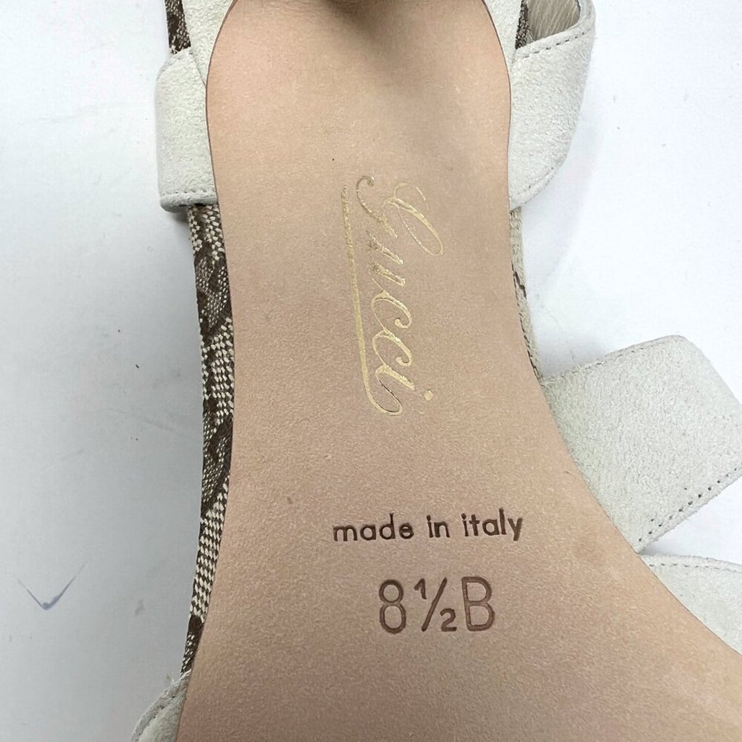 Gucci Mystic White Suede GG Monogram Strappy Stiletto Sandals 8.5B