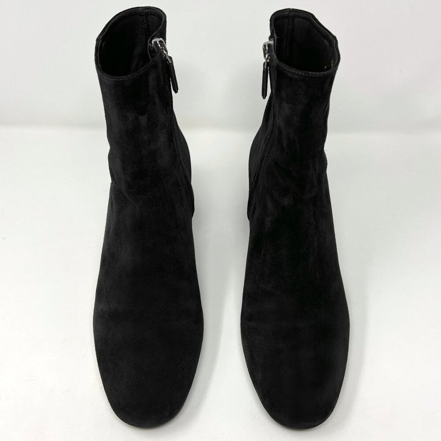 Prada Black Suede Block Heel Metal Logo Round Toe Zip Up Ankle Boots