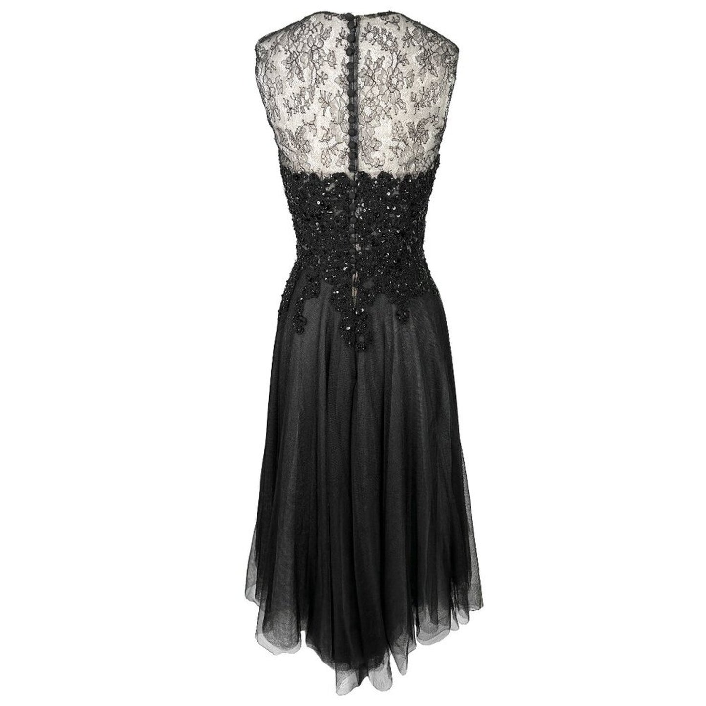 Reem Acra 2015 Pre-Fall Black Lace Sequin Bodice Tulle Midi Dress