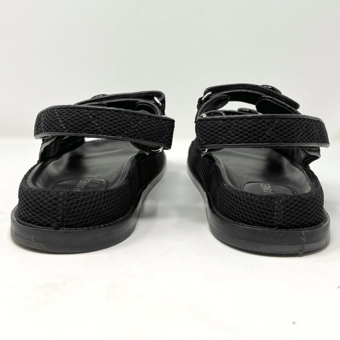Chanel Black Quilted Textured Fabric Logo Flat Double Strap Dad Sandals
