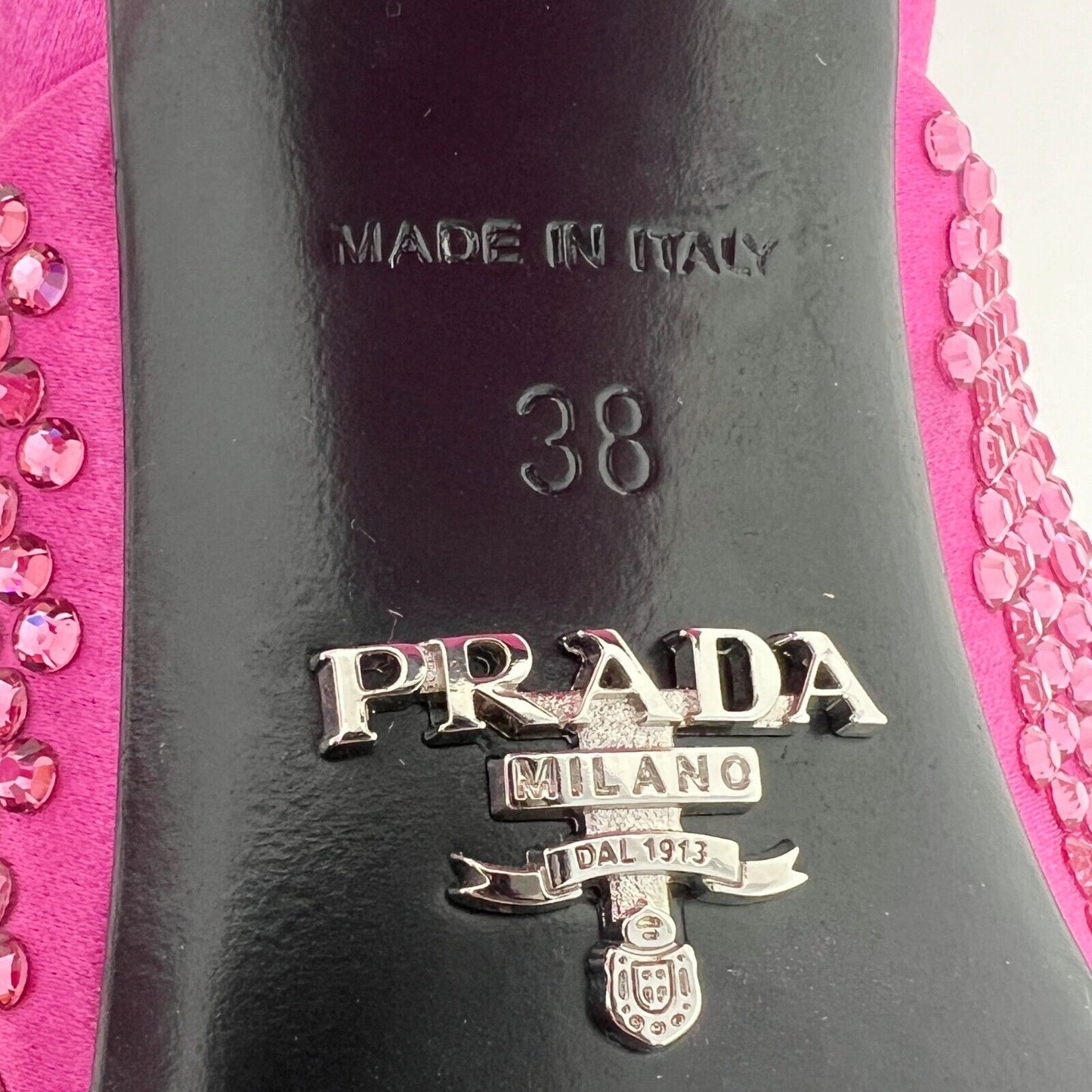 Prada Hot Pink Satin Begonia Crystal Studded Logo Block Heel Sandals Mules