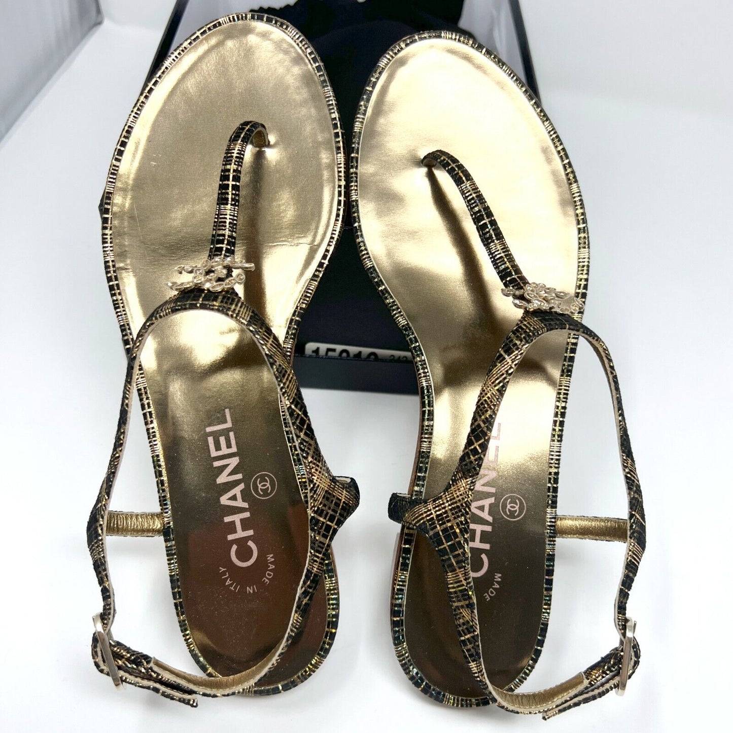 Chanel 2016 Cruise Crystal Metallic Logo Black Gold Plaid Flats Thong Sandals