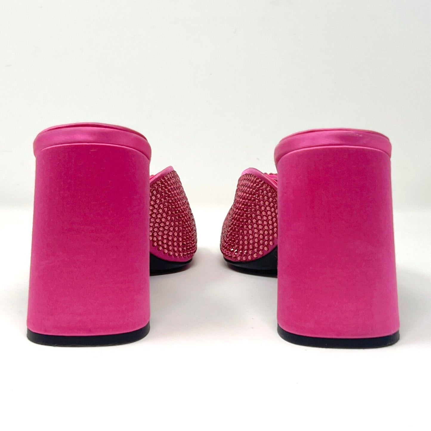 Prada Hot Pink Satin Begonia Crystal Studded Logo Block Heel Sandals Mules