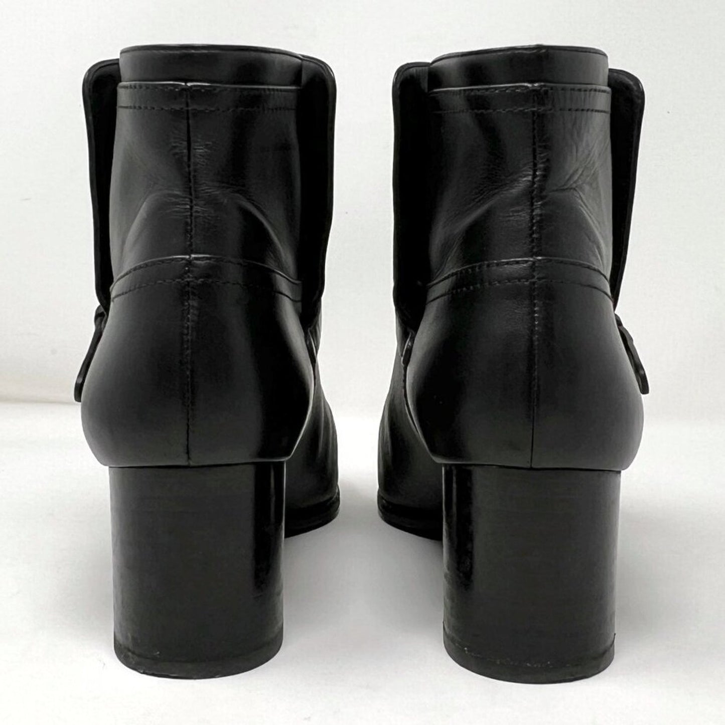 Chanel Black Leather Cap Toe Silver Buckle Strap Logo Ankle Block Heel Boots