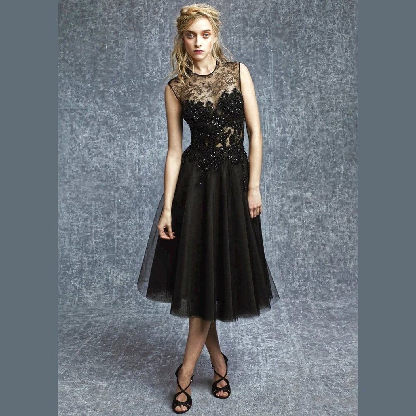 Reem Acra 2015 Pre-Fall Black Lace Sequin Bodice Tulle Midi Dress