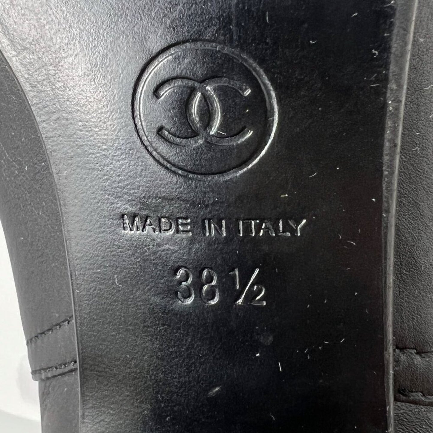 Chanel Black Leather Cap Toe Silver Buckle Strap Logo Ankle Block Heel Boots