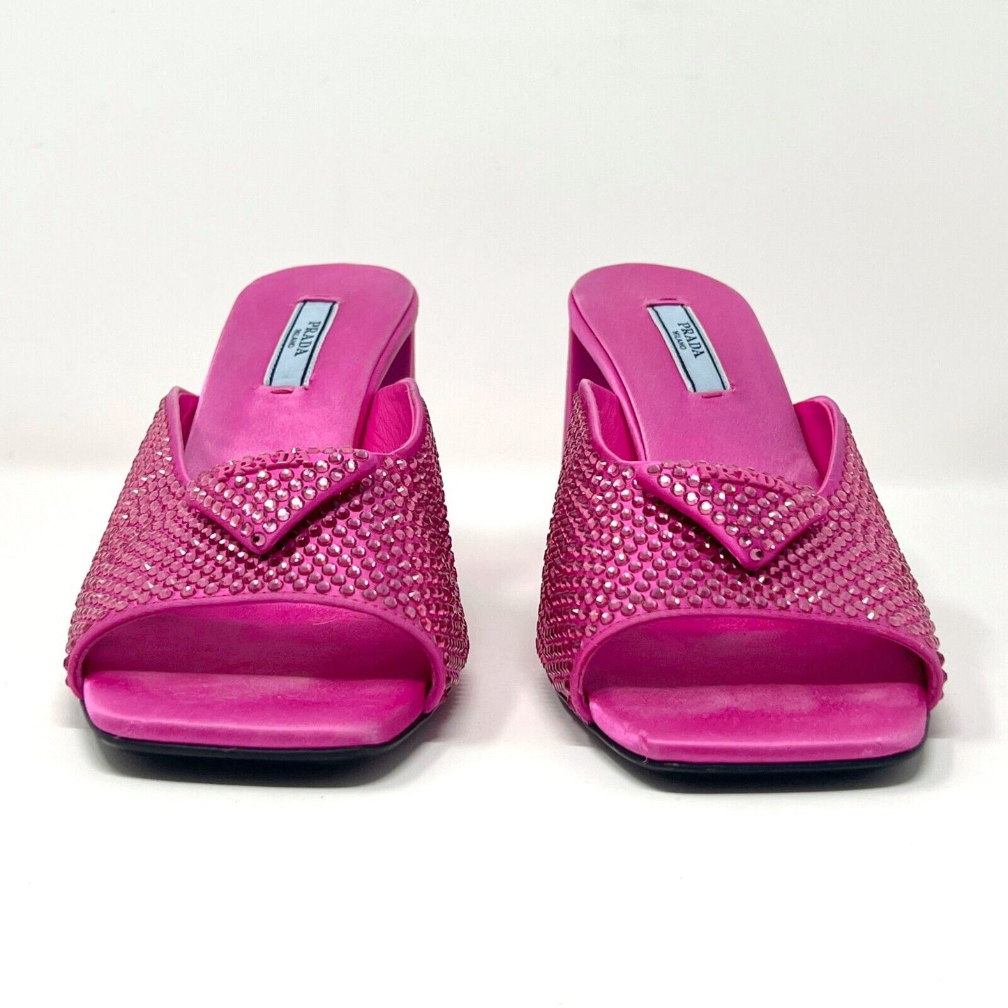 Prada Hot Pink Satin Begonia Crystal Studded Logo Block Heel Sandals Mules