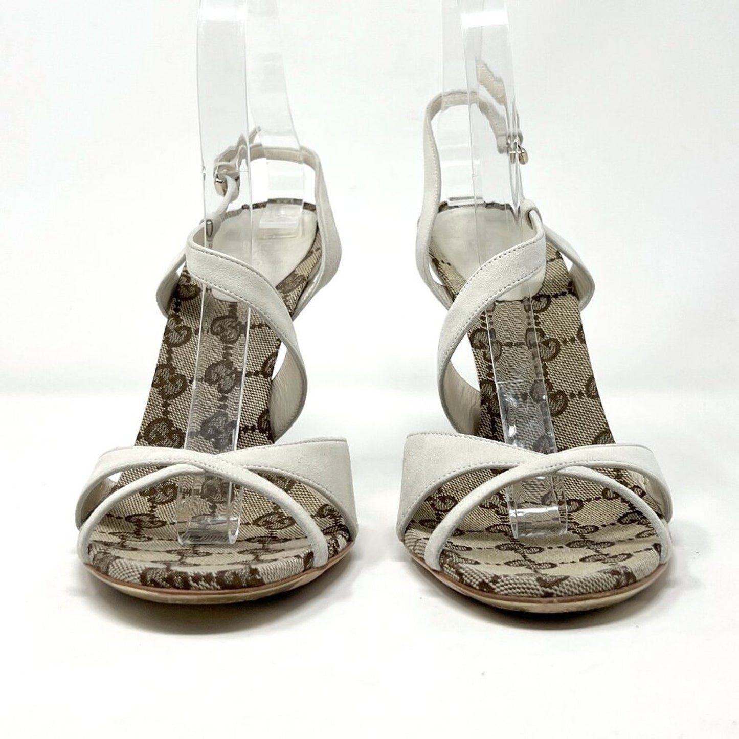 Gucci Mystic White Suede GG Monogram Strappy Stiletto Sandals 8.5B