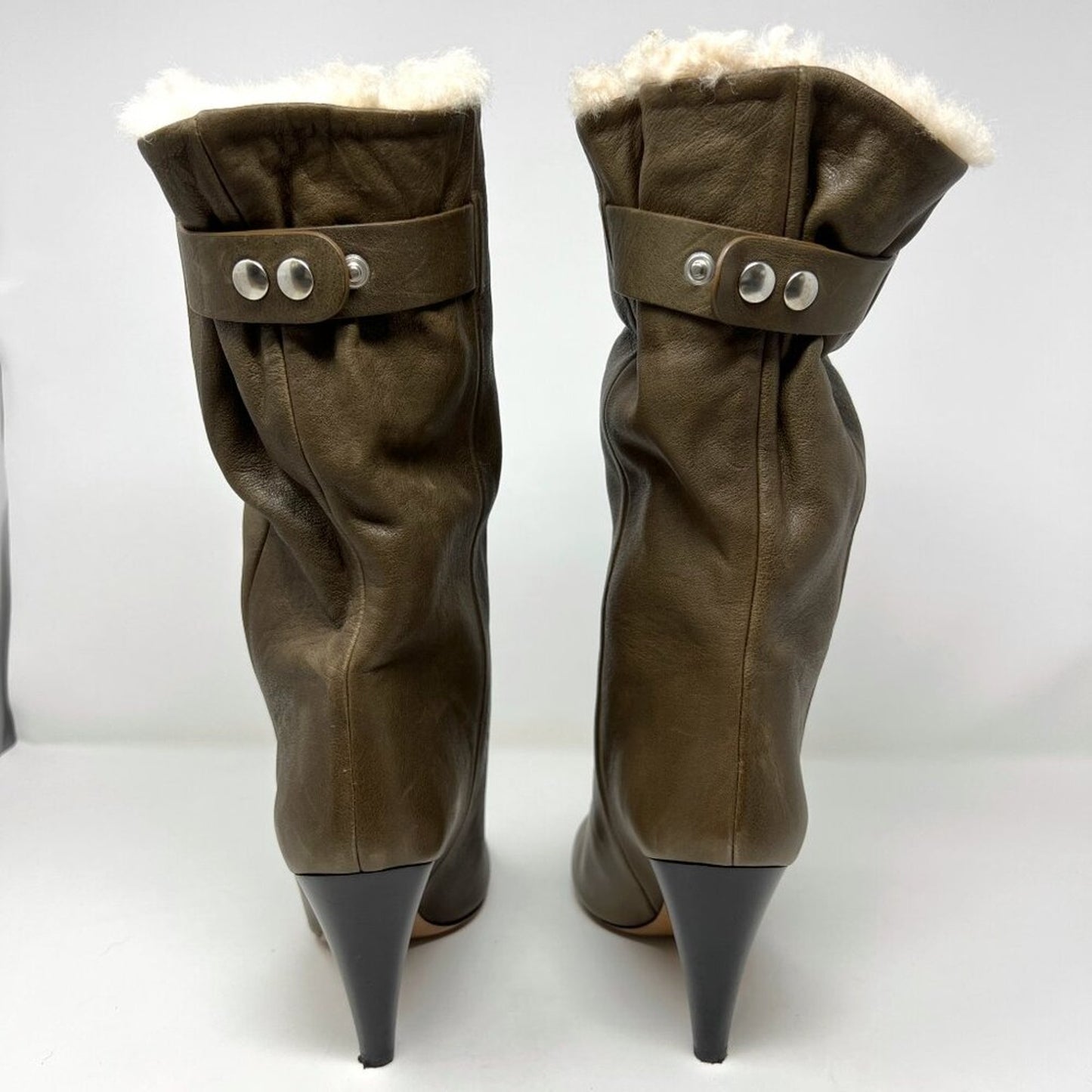 Isabel Marant Green Brown Leather Shearling Lined Lafkee Cone Heel Tall Boots