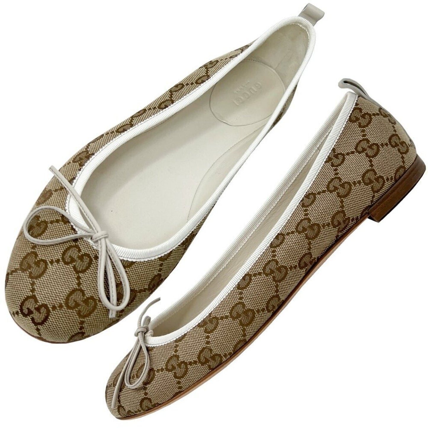 Gucci Brown Logo Monogram Miro Soft Supreme Canvas White Leather Ballet Flats