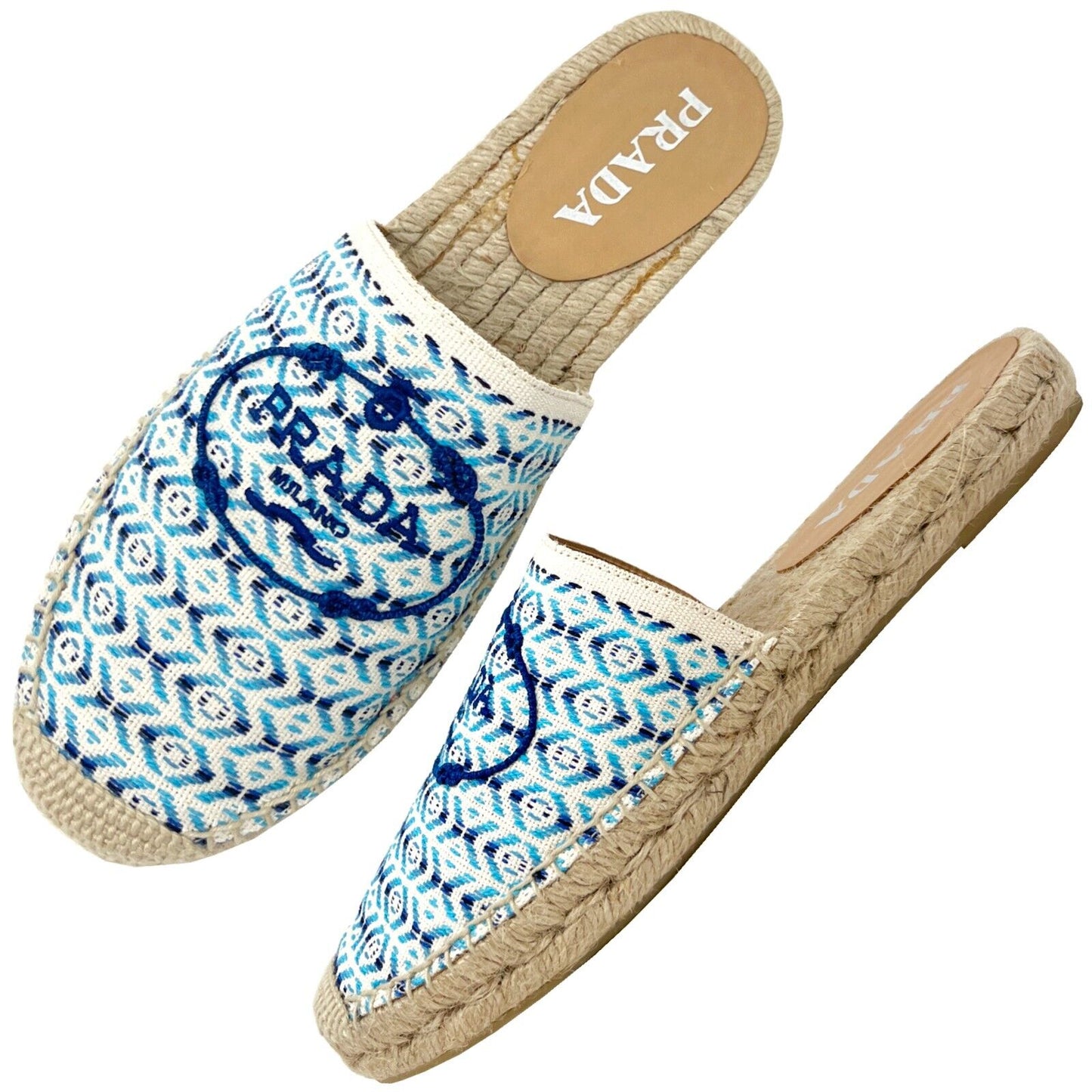 Prada Nastro Jacquard Blue White Embroidered Logo Espadrilles Flats Slippers
