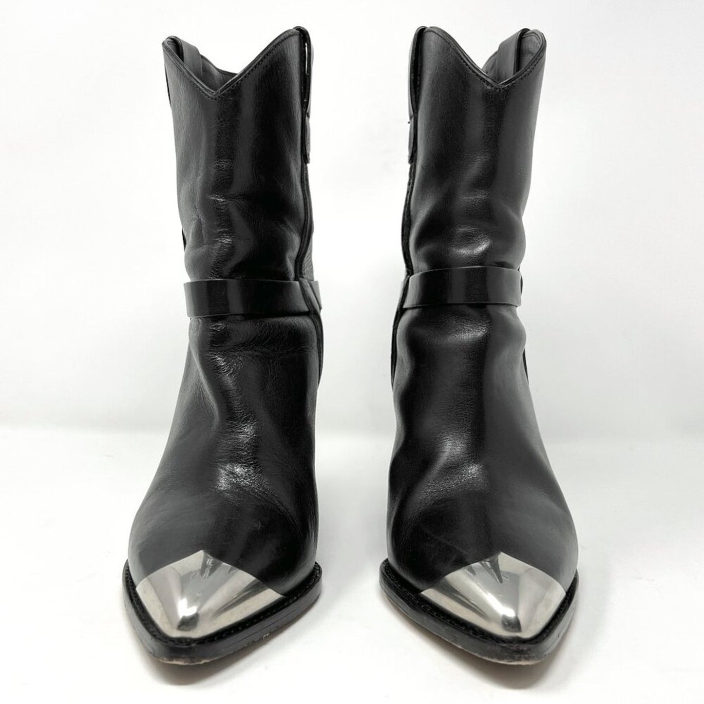 Isabel Marant Black Leather Metal Pointed Western Cowboy Mid Calf Heeled Boots