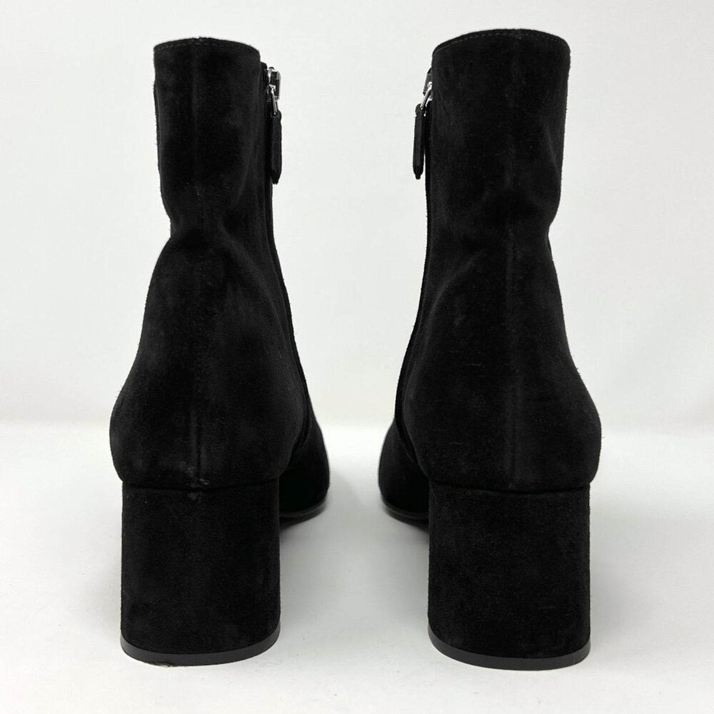 Prada Black Suede Block Heel Metal Logo Round Toe Zip Up Ankle Boots