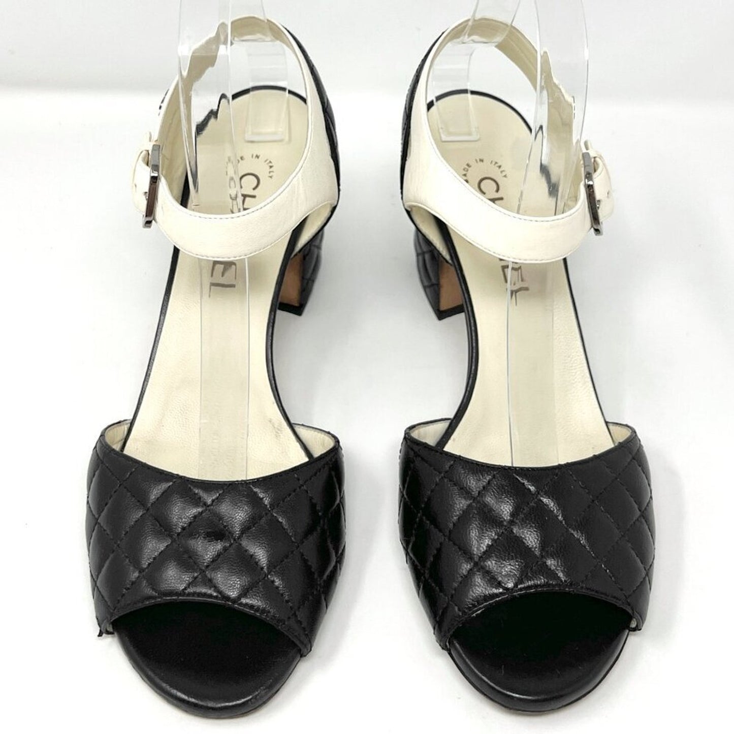 Chanel Black White Quilted Matelasse Leather Peep Toe Block Logo Heel Sandals