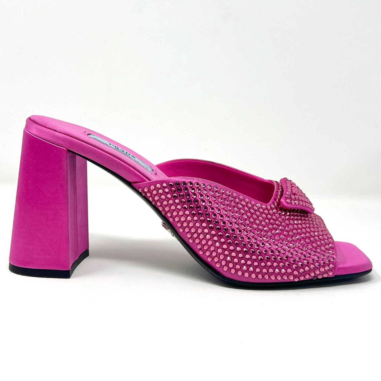 Prada Hot Pink Satin Begonia Crystal Studded Logo Block Heel Sandals Mules