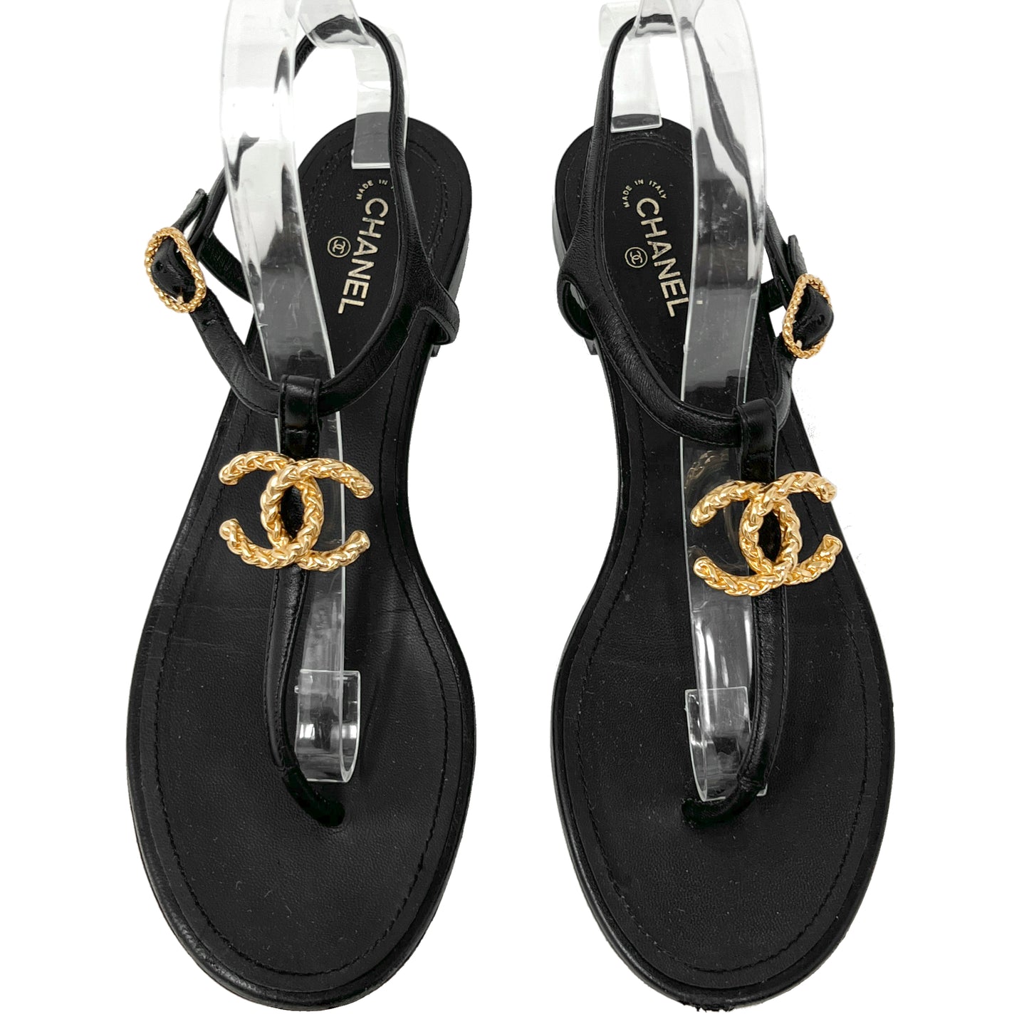 Chanel 2020 Cruise Collection Black Leather Gold Metallic Interlocking Logo Flat Thong Sandals