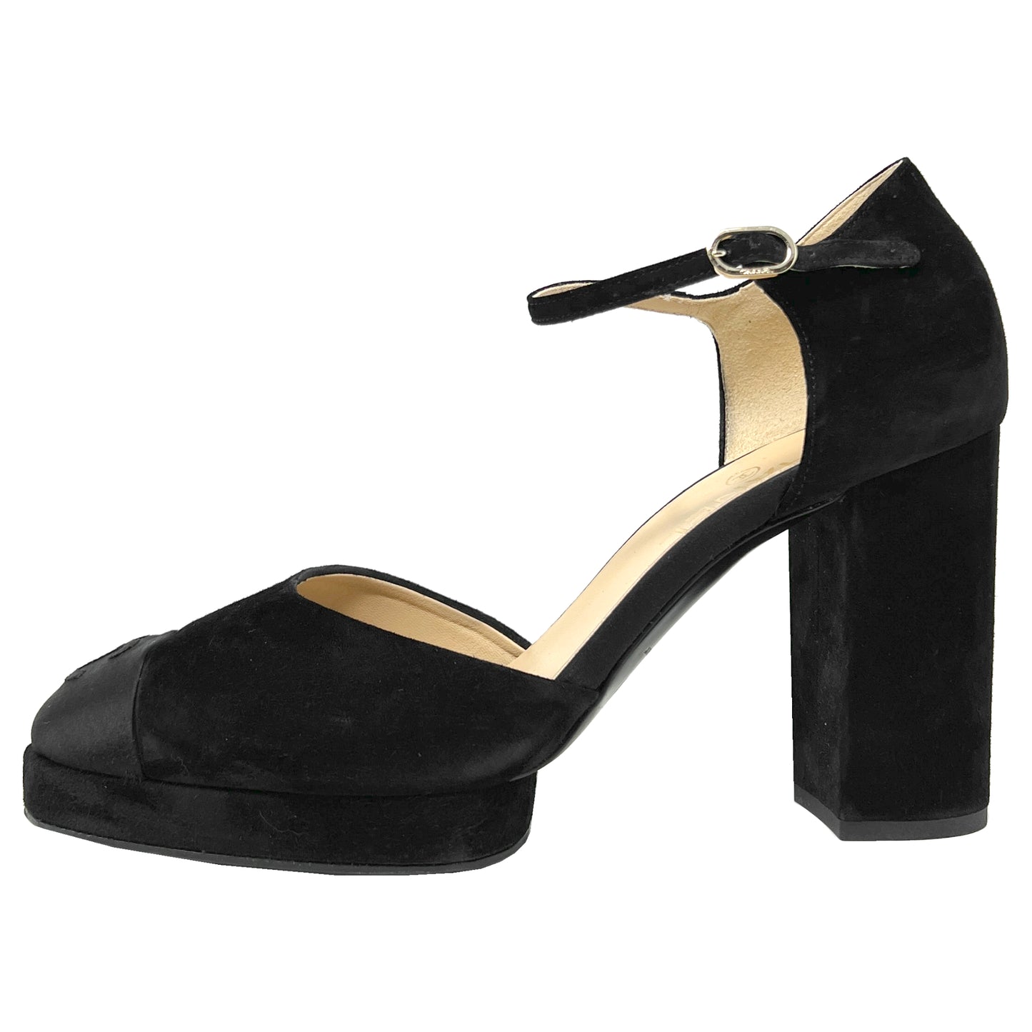 Chanel 2019 Collection Black Grosgrain Interlocking Logo Cap Toe Suede D'Orsay Platform Block Heel Mary Jane Ankle Strap Pumps