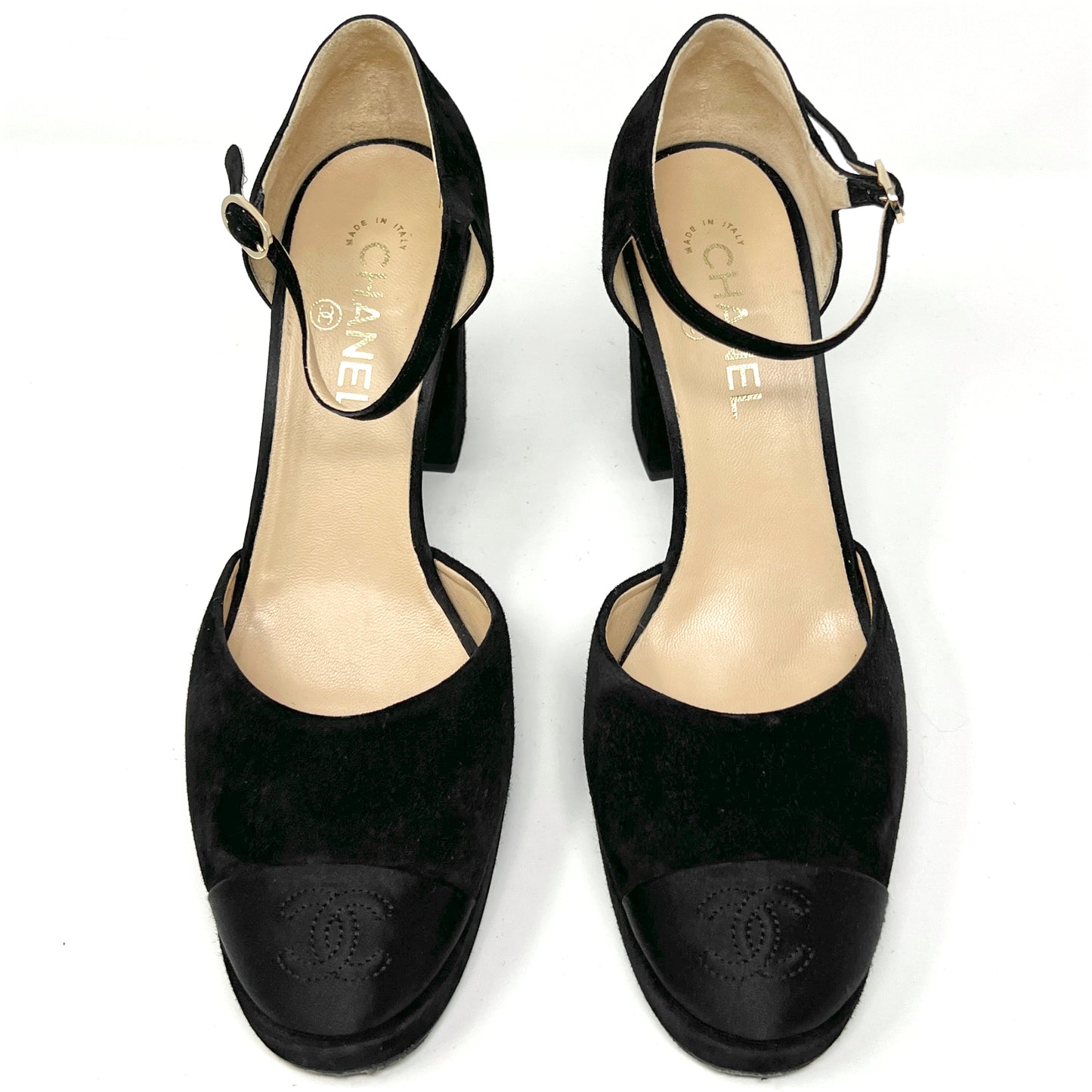 Chanel 2019 Collection Black Grosgrain Interlocking Logo Cap Toe Suede D'Orsay Platform Block Heel Mary Jane Ankle Strap Pumps