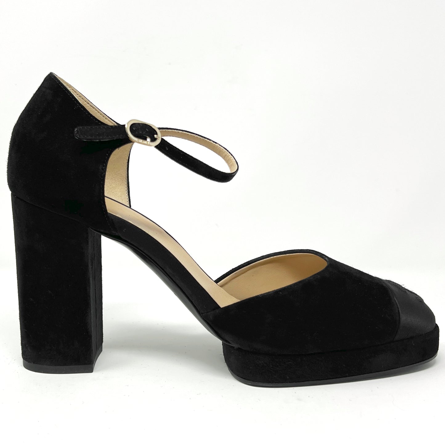 Chanel Black Grosgrain Logo Cap Toe Suede D'Orsay Platform Pumps Size EU 41