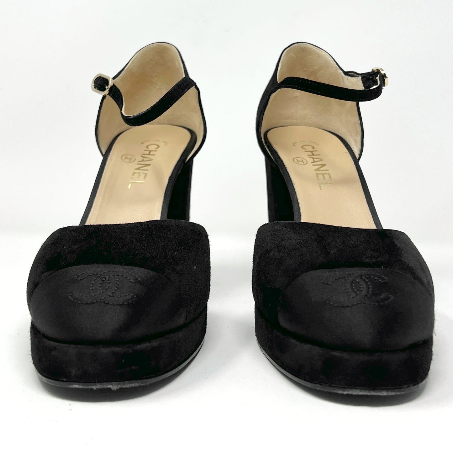 Chanel Black Grosgrain Logo Cap Toe Suede D'Orsay Platform Pumps Size EU 41